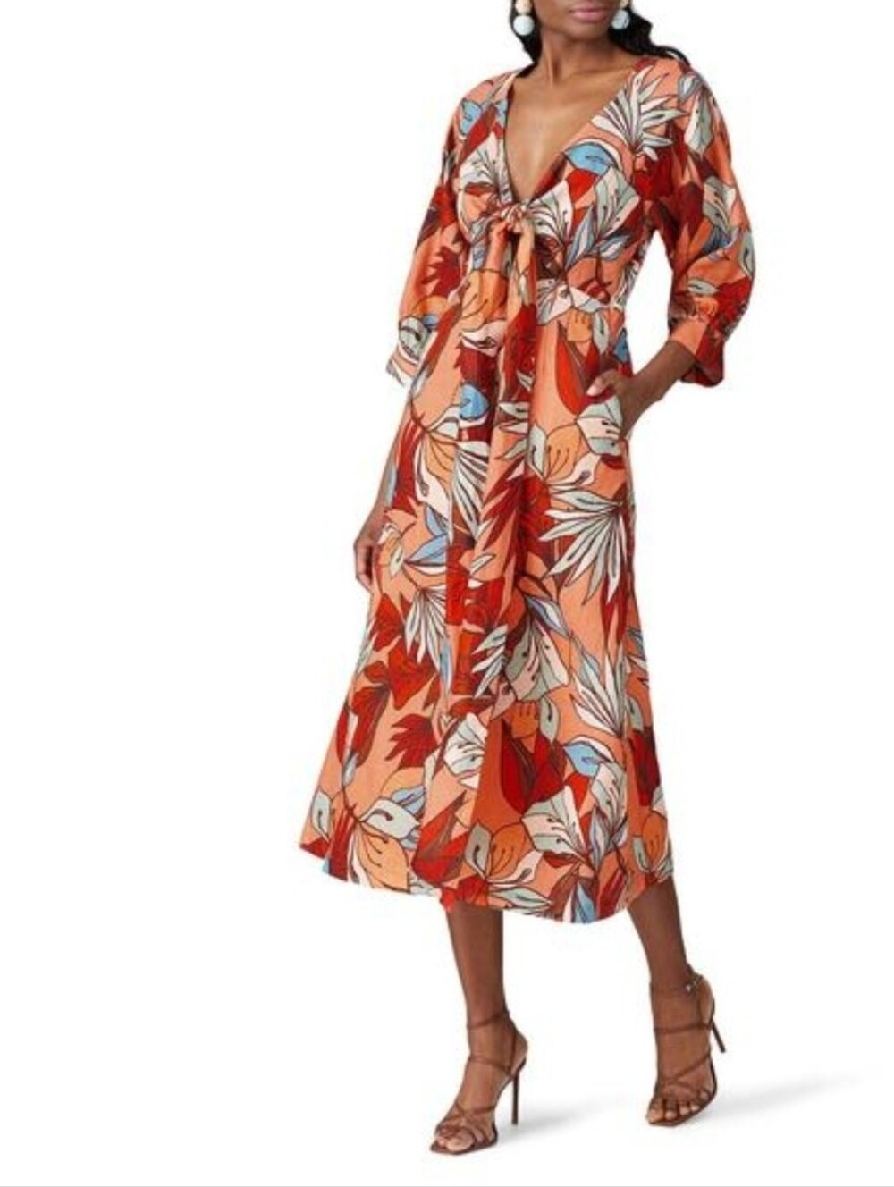 Nicholad Women’s Floral Tie-Front Midi Dress in Orange - Size 16